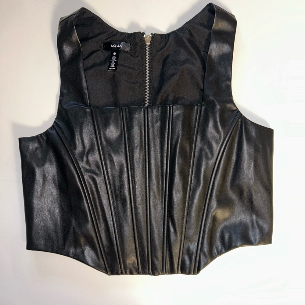 Aqua Black Faux Leather Corset-Style Crop Top